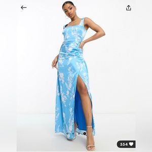 Anaya Square Neck Satin Blue Floral Dress size 4